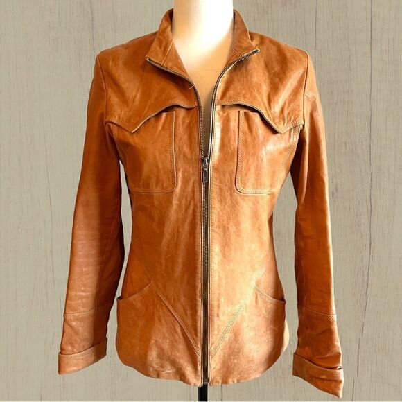Vintage leather jacket fitted camel colour - Picture 1 of 13